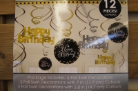 Swirls Happy Birthday zwart/goud/zilver